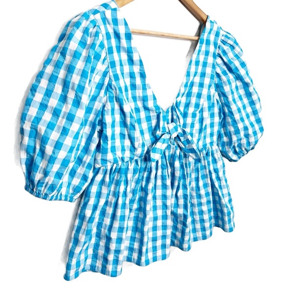 Lilly Pulitzer Sarafina Gingham Babydoll Womens Puff Short Sleeve Tie Top Blouse - Picture 5 of 16
